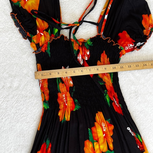 Women Maxi Dress Tropical Floral Smocked Black Orange Rayon OS - Picture 5 of 10
